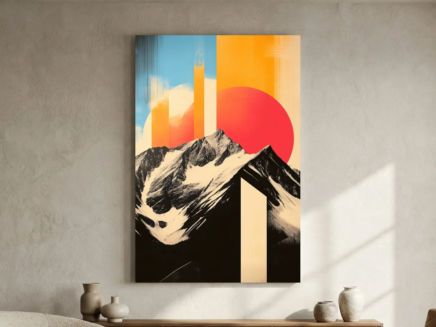 Retro Snowcapped Mountain Sunset Collage - Modern Geometric Landscape Wall Art