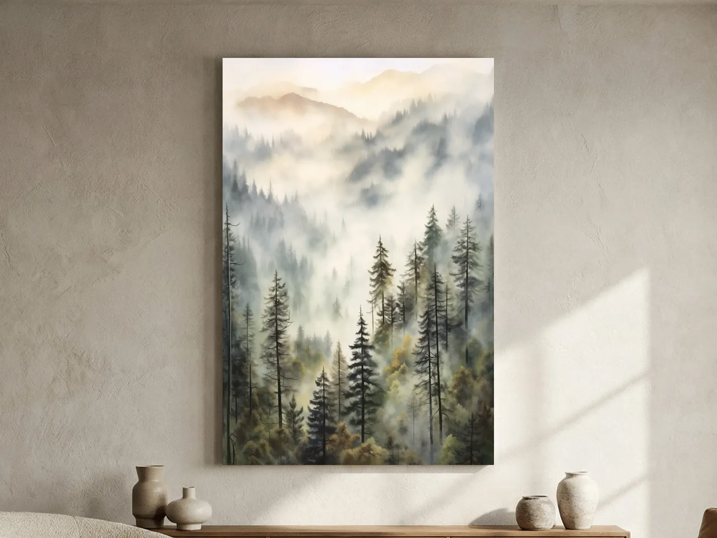 Misty Pine Forest Mountains Watercolor - Serene Foggy Landscape Wall Art