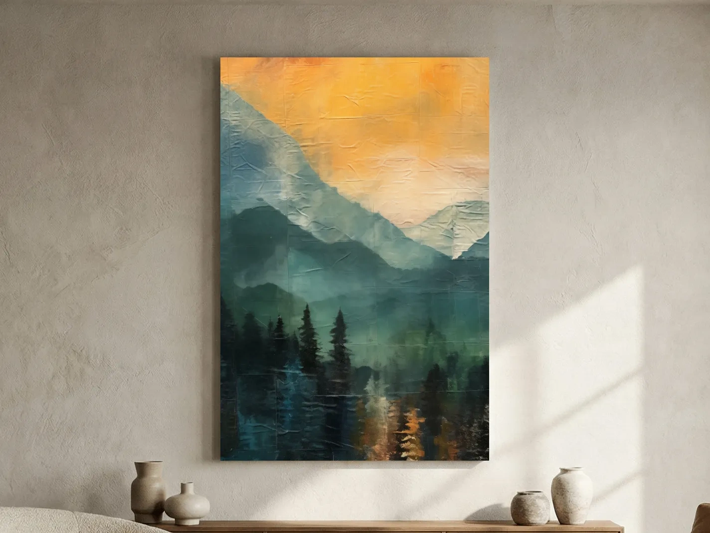 Rustic Misty Mountain Lake Reflection - Textured Watercolor Style Sunset Wall Art