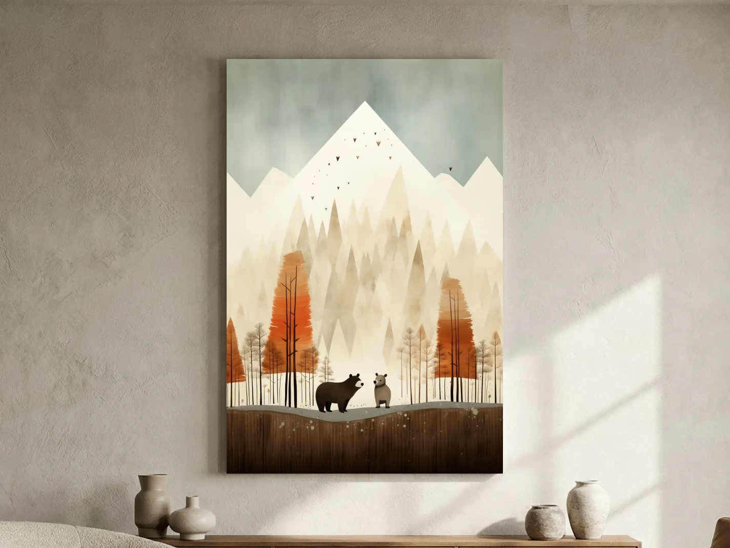 Whimsical Bear Family Autumn Forest Illustration - Nursery Woodland Wall Art