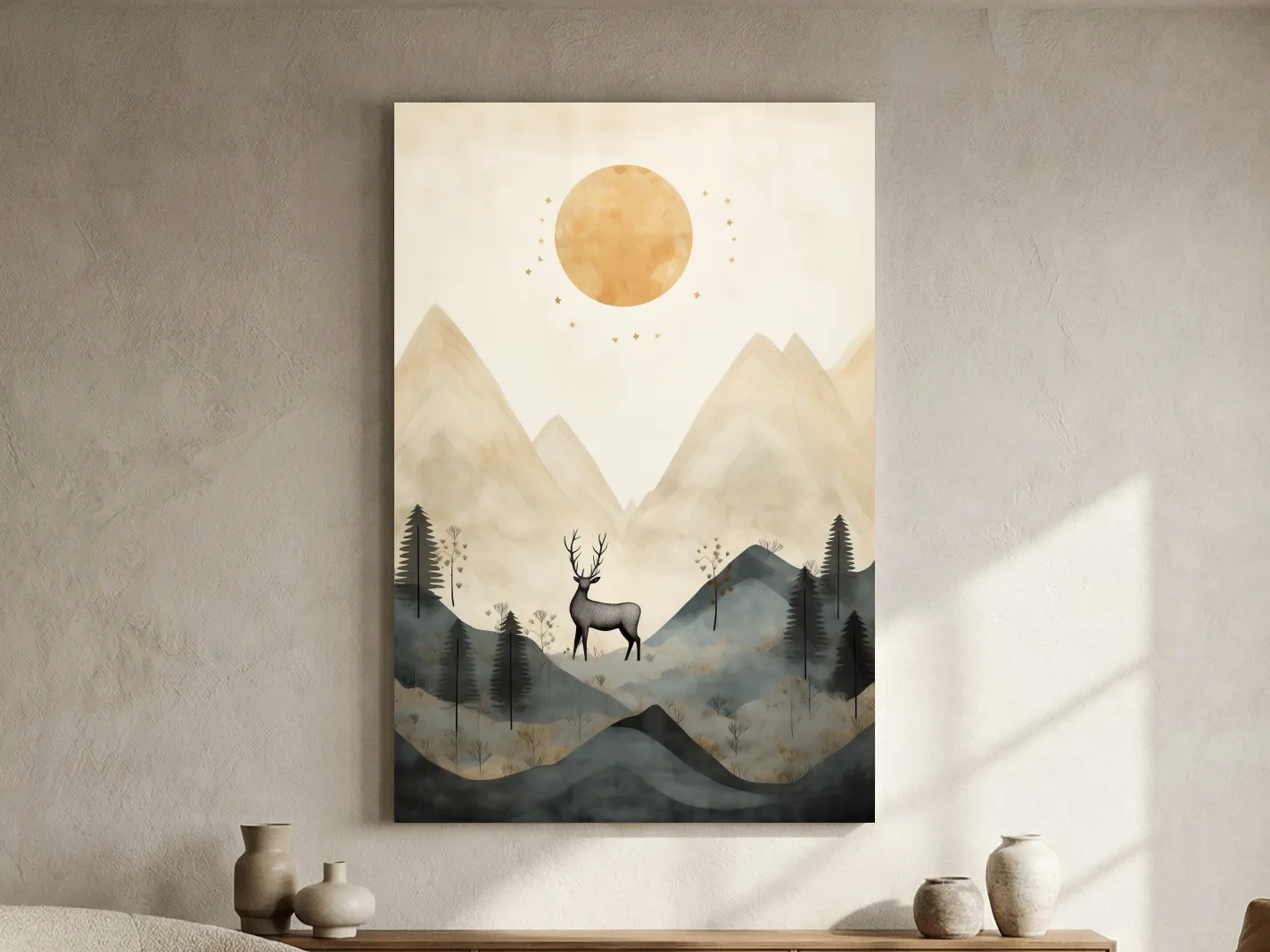 Boho Deer In Misty Mountains - Woodland Landscape Wall Art