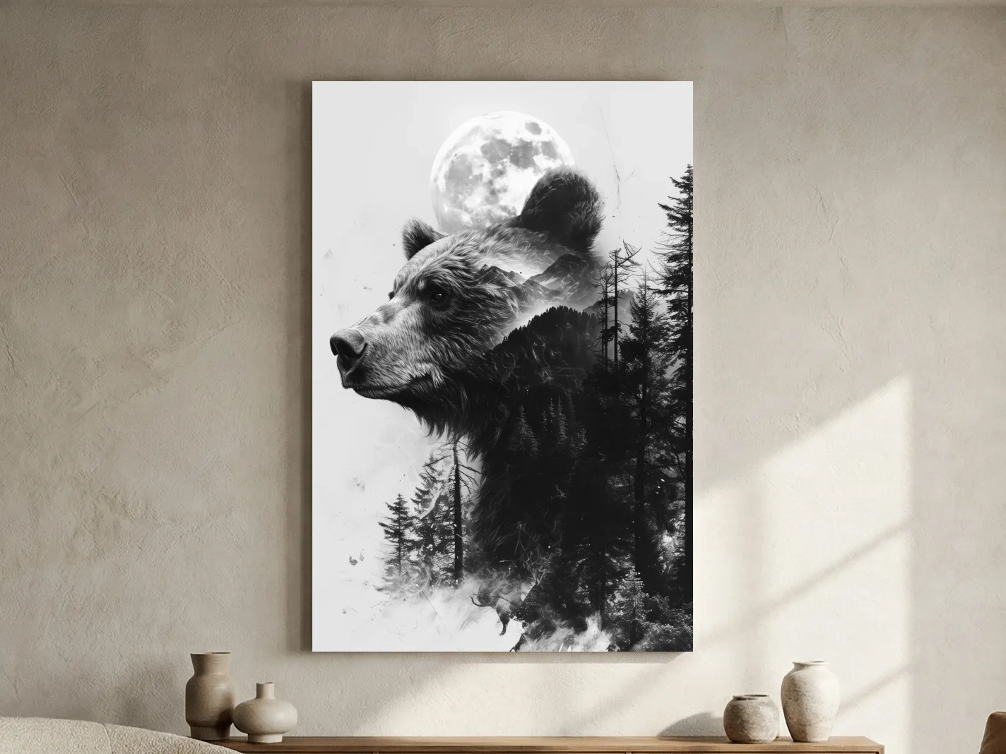 Grizzly Bear Double Exposure Drawing - Moonlit Pine Forest Wildlife Wall Art