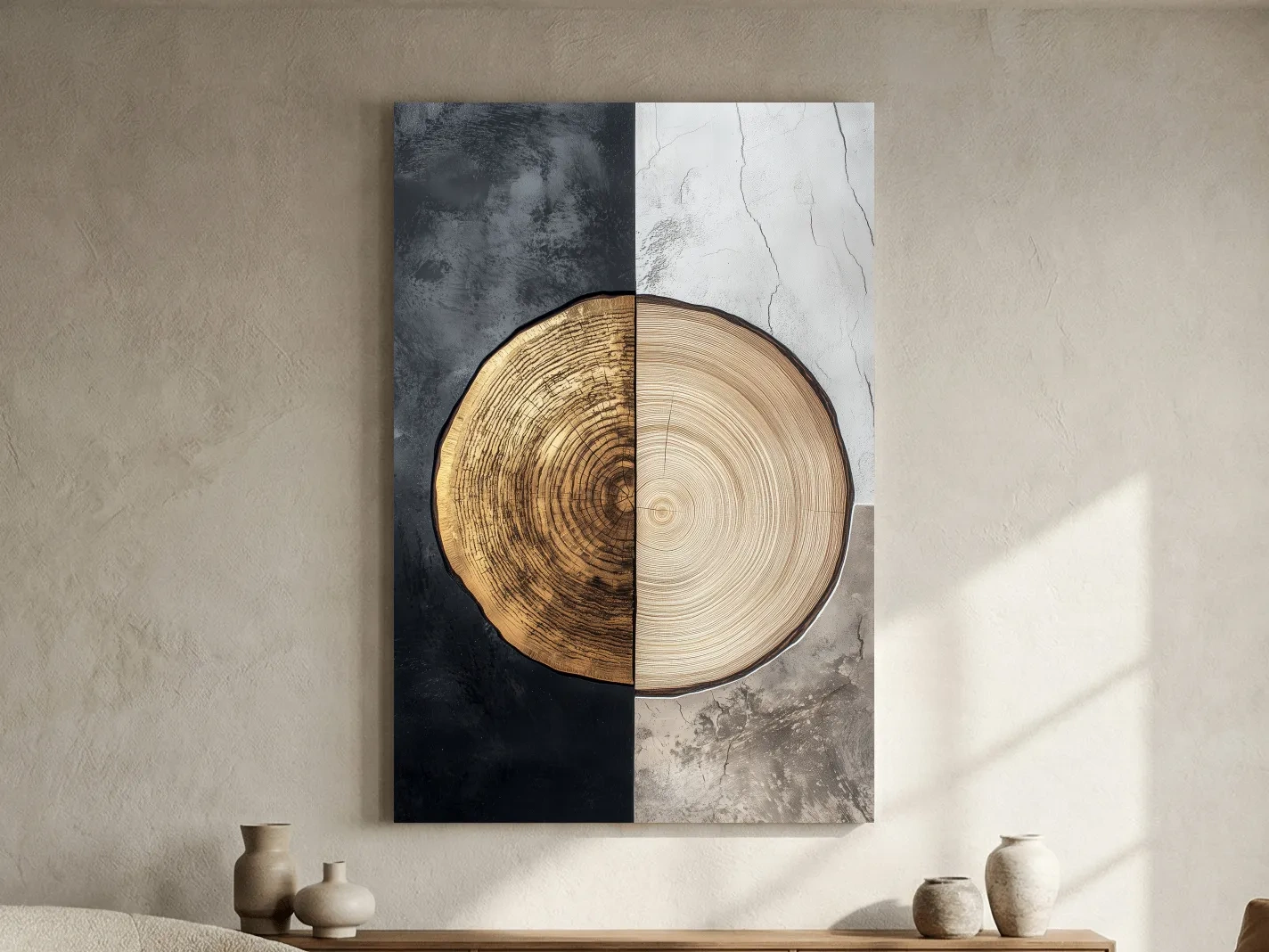 Split Marble And Charcoal Wood Slice - Modern Rustic Tree Ring Wall Art