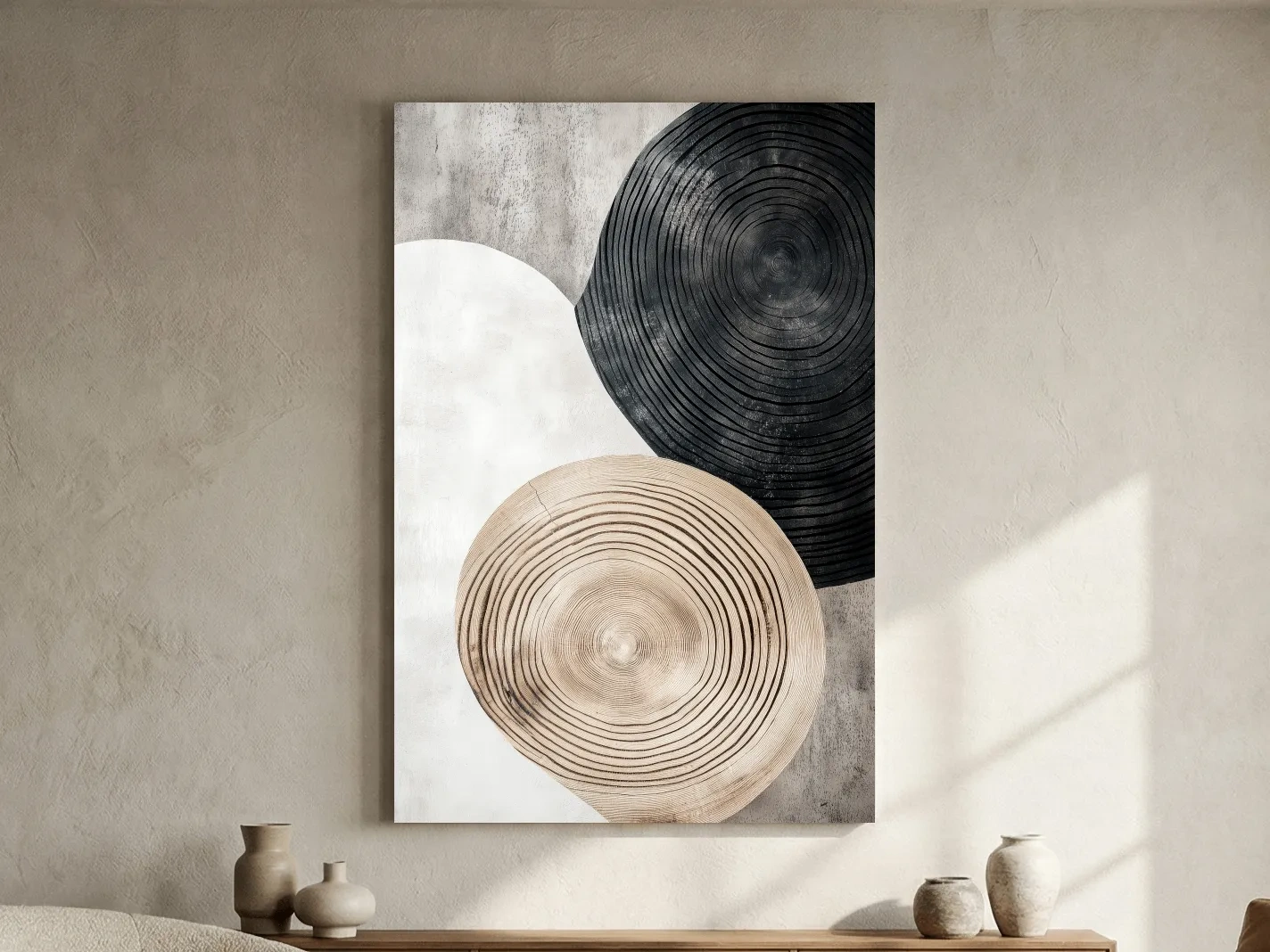 Minimalist Black Beige Wood Grain Circles - Modern Rustic Wall Art