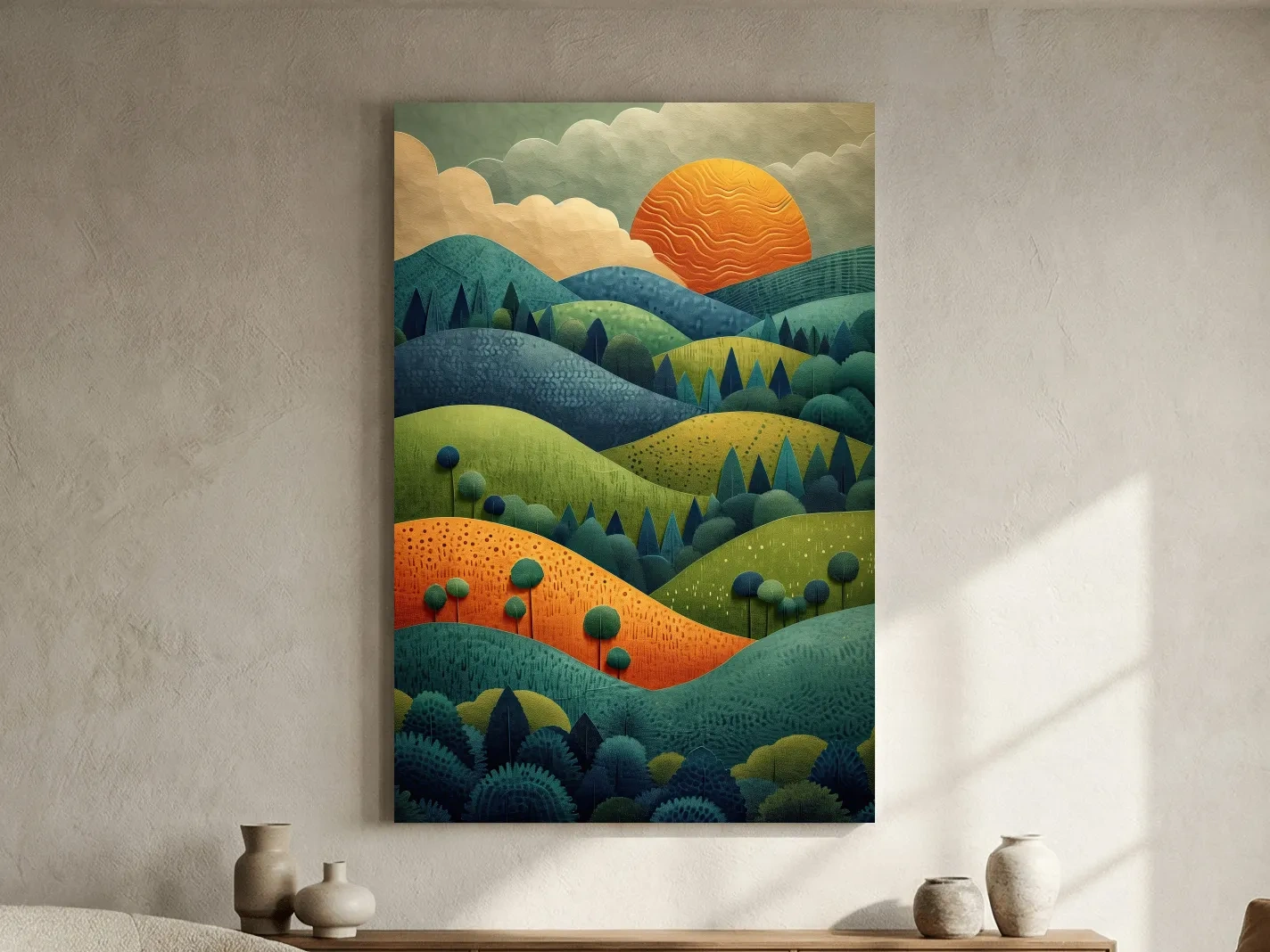 Layered Mountain Sunset Landscape - Mid Century Modern Forest Wall Art