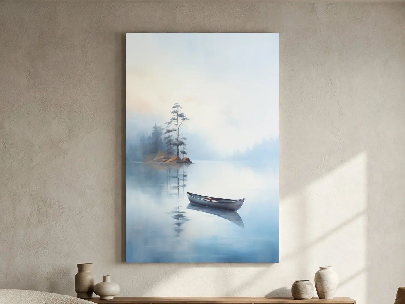 Misty Lake Canoe Painting - Serene Minimalist Watercolor Wall Art