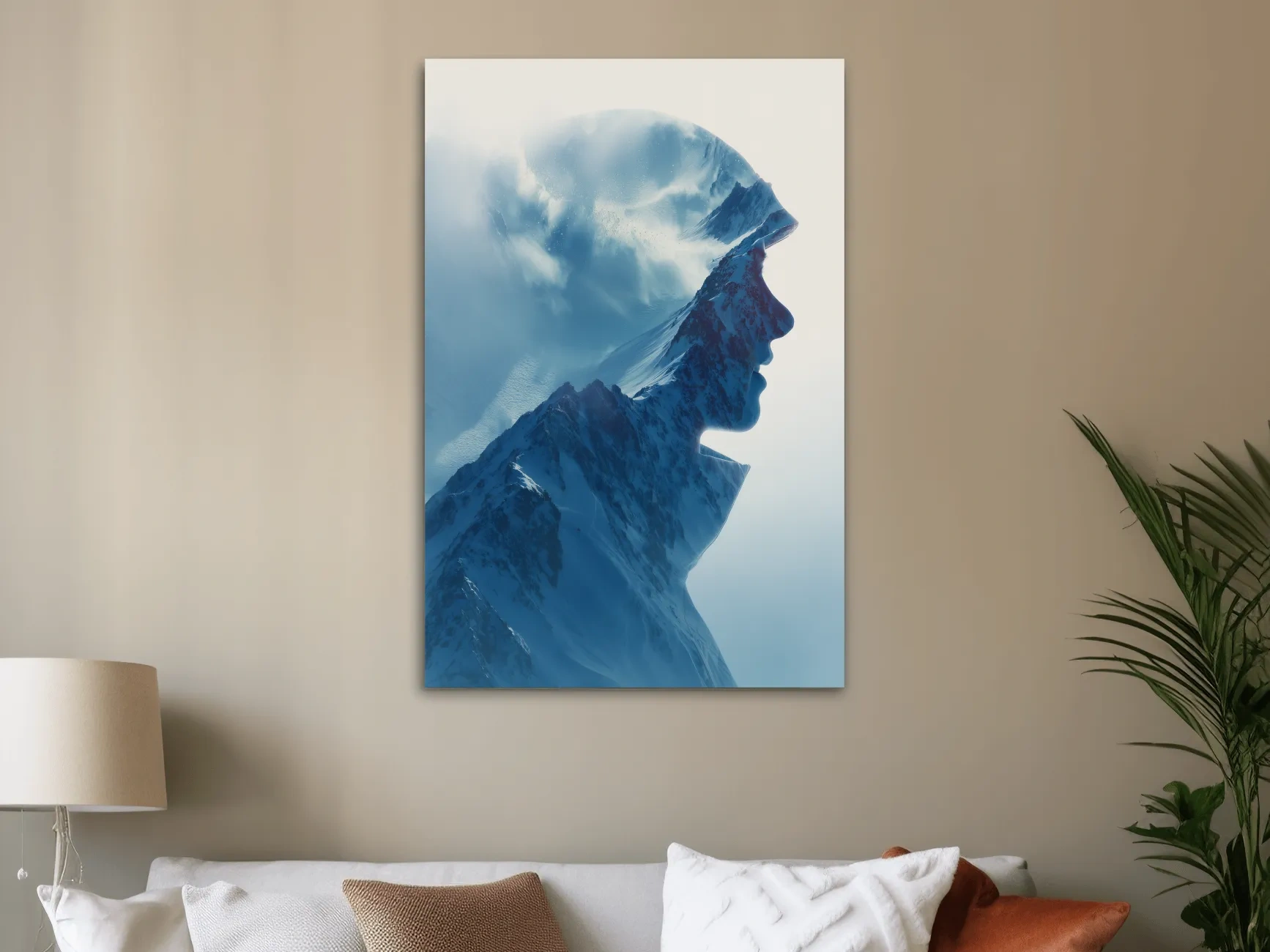 Double Exposure Mountain & Skier Portrait - Modern Snowy Alpine Wall Art