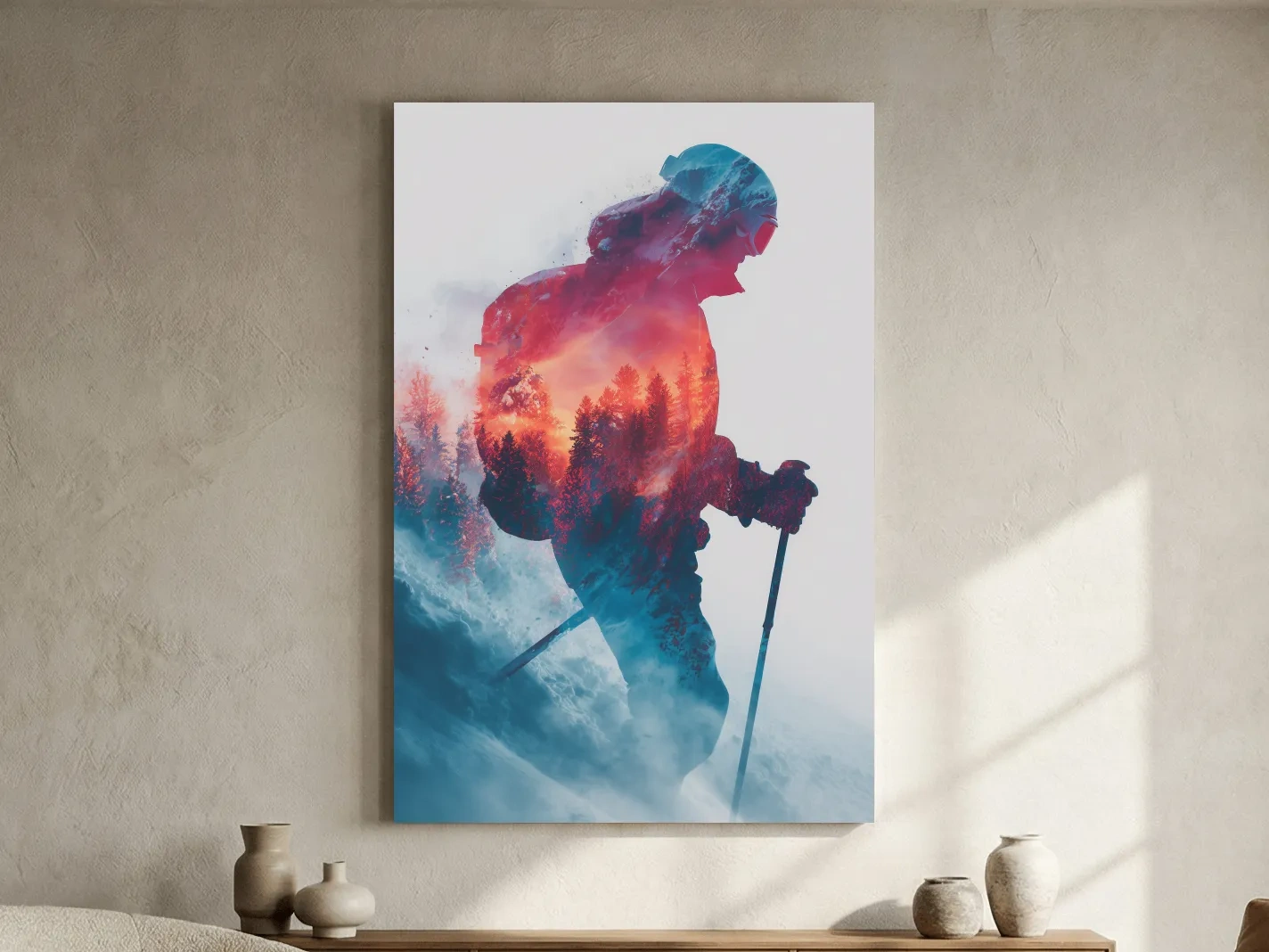 Double Exposure Skiier Silhouette Forest Sunset - Adventure Mountain Landscape Artwork
