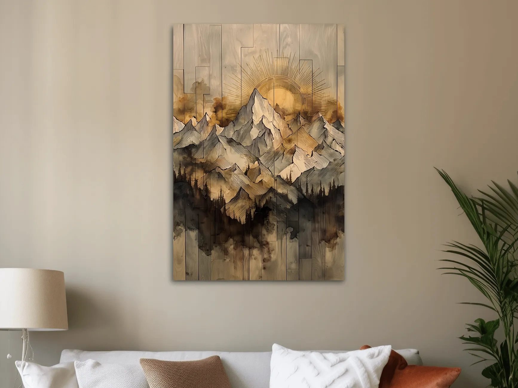 Sunrise Alpine Mountain Range Illustration - Rustic Watercolor Landscape Wall Art