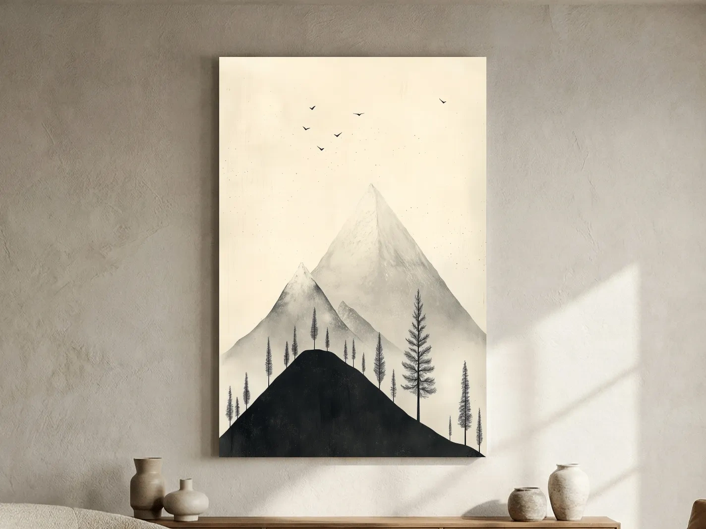 Minimalist Misty Mountain Peaks With Pine Trees - Monochrome Scandinavian Landscape Artwork