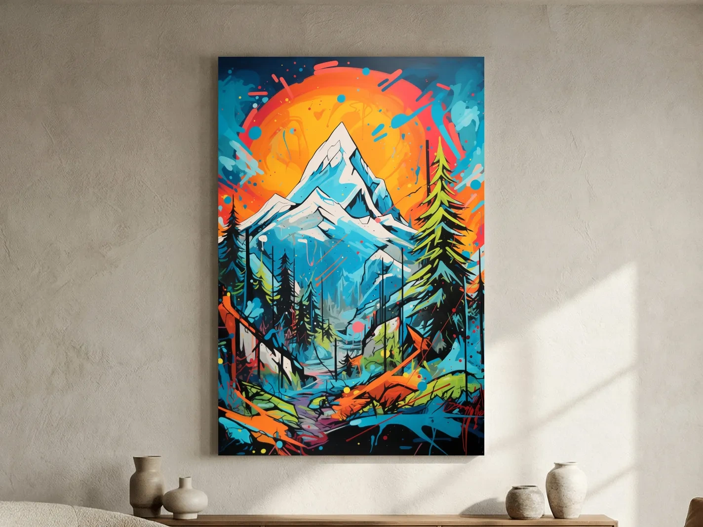Vibrant Abstract Mountain Sunset Graffitti Painting - Colorful Pop Art Alpine Wall Art