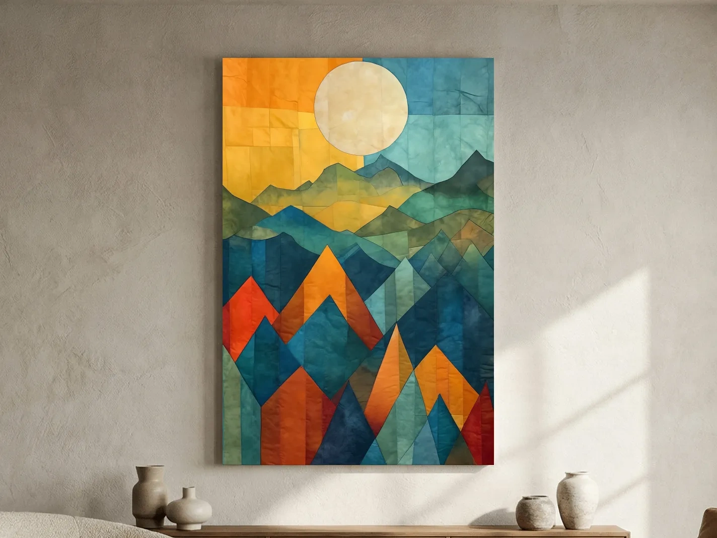 Geometric Patchwork Sunlit Mountain Range Painting - Colorful Abstract Alpine Wall Art