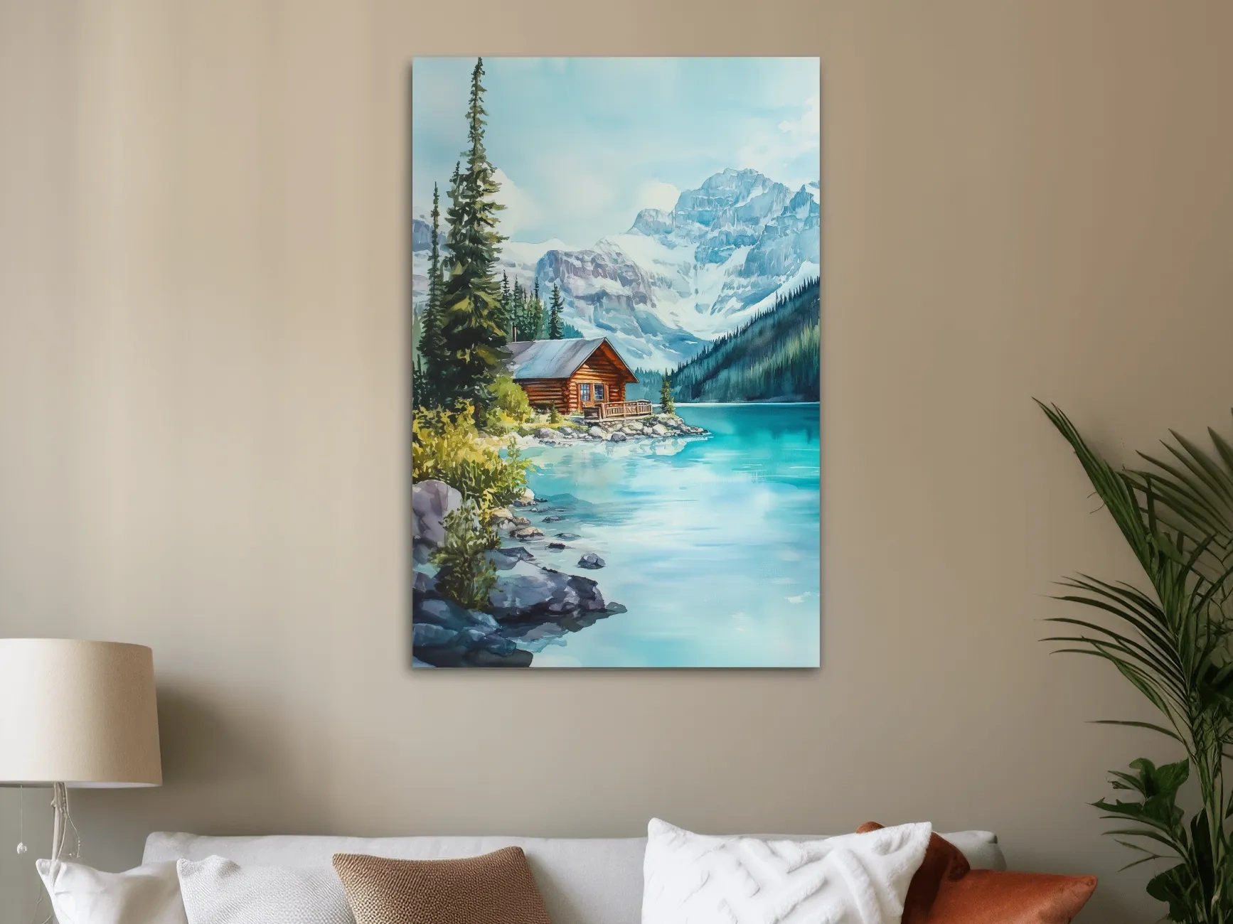 Turquoise Alpine Lake Cabin Watercolor - Serene Snowy Mountain Wall Art