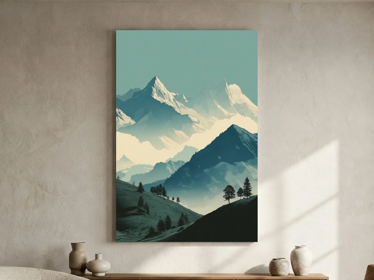 Misty Alpine Mountain Peaks Illustration - Serene Landscape Wall Art