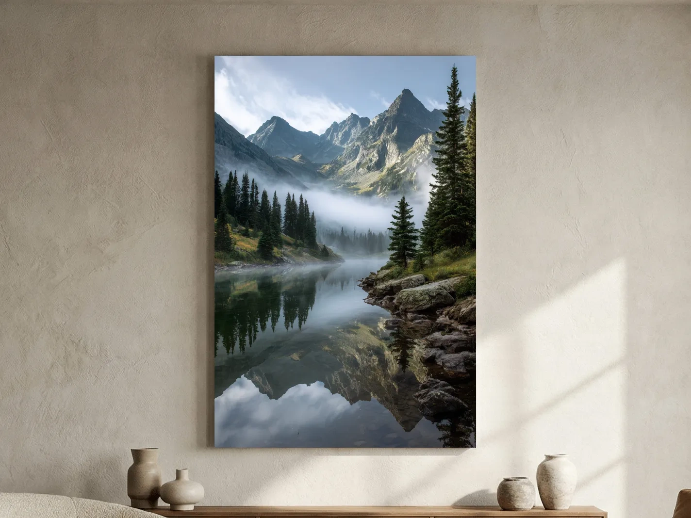 Misty Alpine Lake Photography - Serene Mountain Forest Wall Art