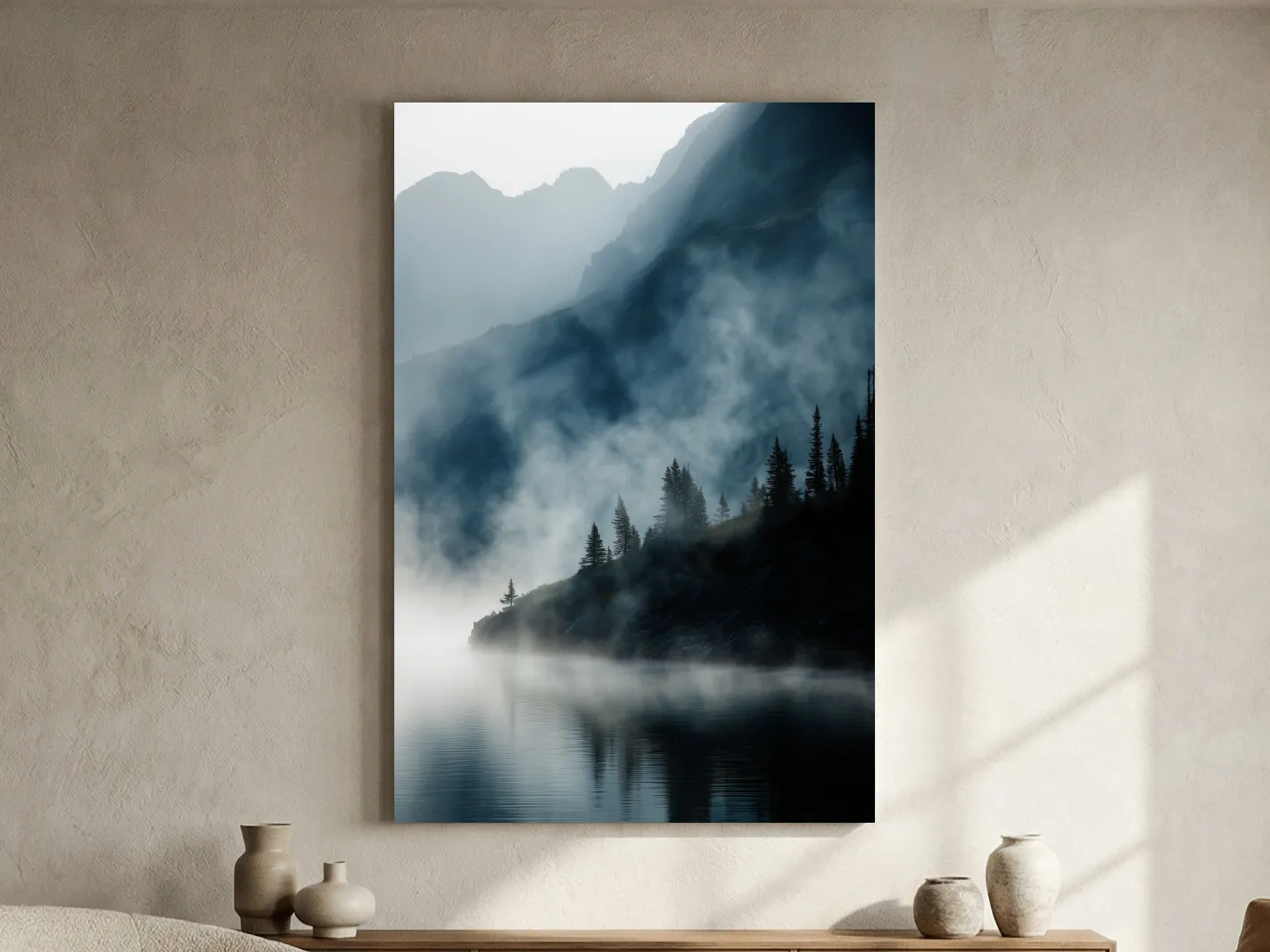 Misty Alpine Lake Landscape Photography - Foggy Pine Forest Nature Wall Art