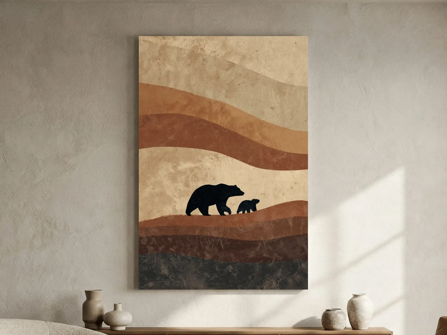 Scandi Bear Family Silhouette Artwork - Earthy Abstract Wildlife Wall Art
