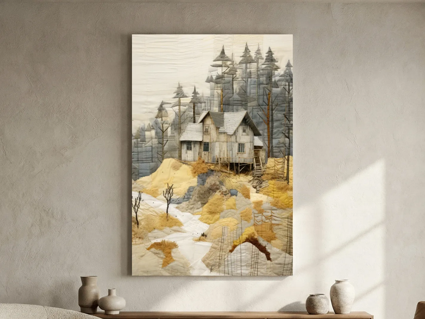 Rustic Woodland Cabin Landscape Quilt Art - Patchwork Style Mixed Media Wall Art