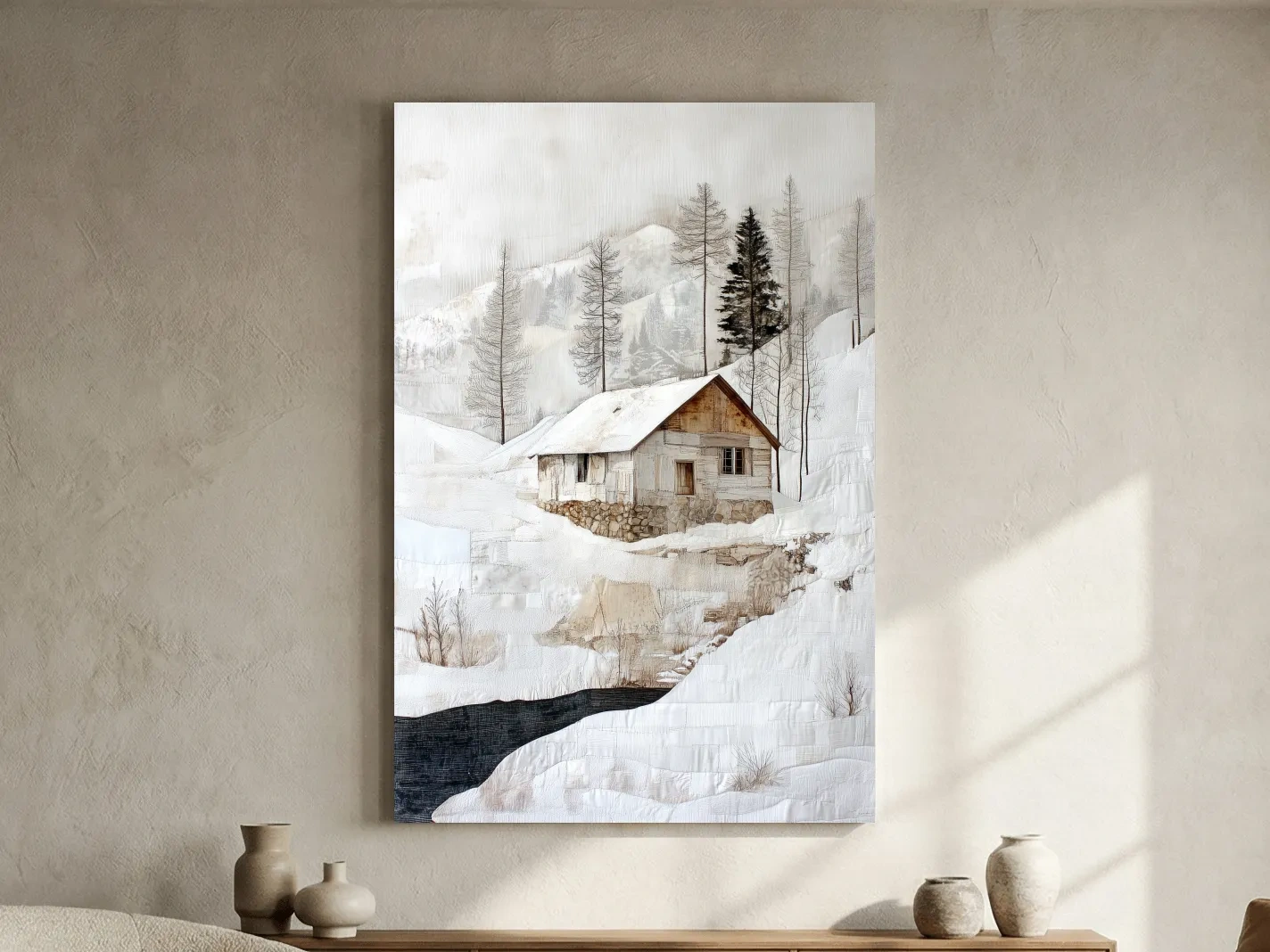 Snowy Mountain Cabin Textured Painting - Winter Landscape Wall Art