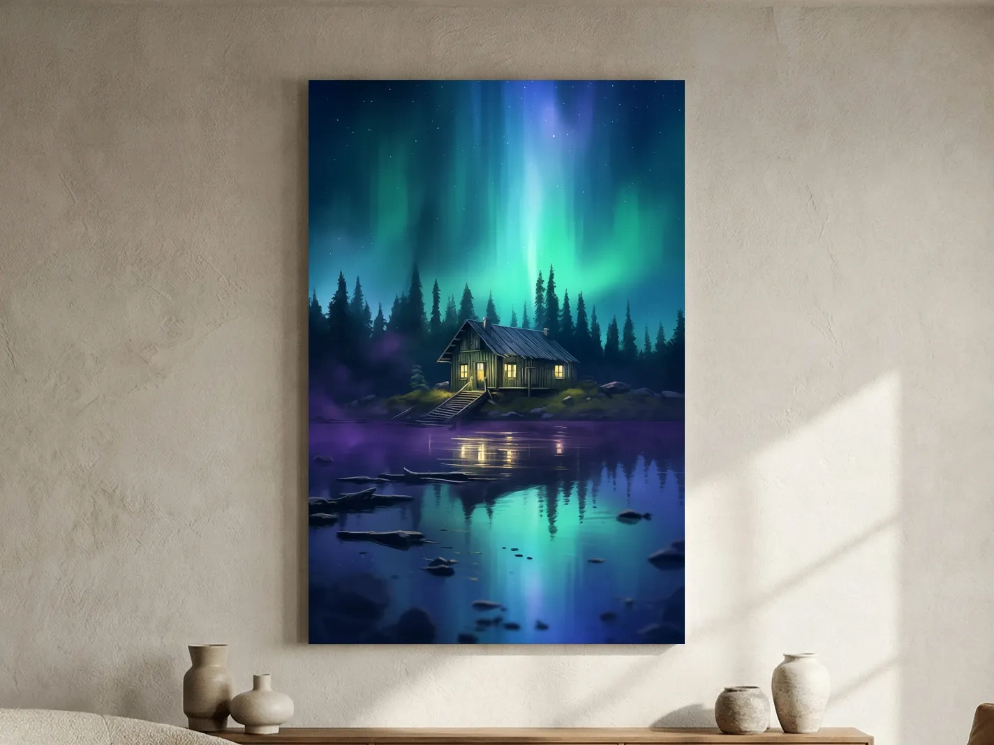 Vibrant Northern Lights Cabin Lake Painting - Aurora Borealis Night Wall Art