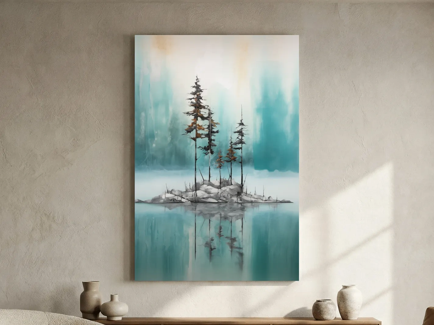 Misty Pine Trees Reflection - Watercolor Turquoise Alpine Lake Wall Art