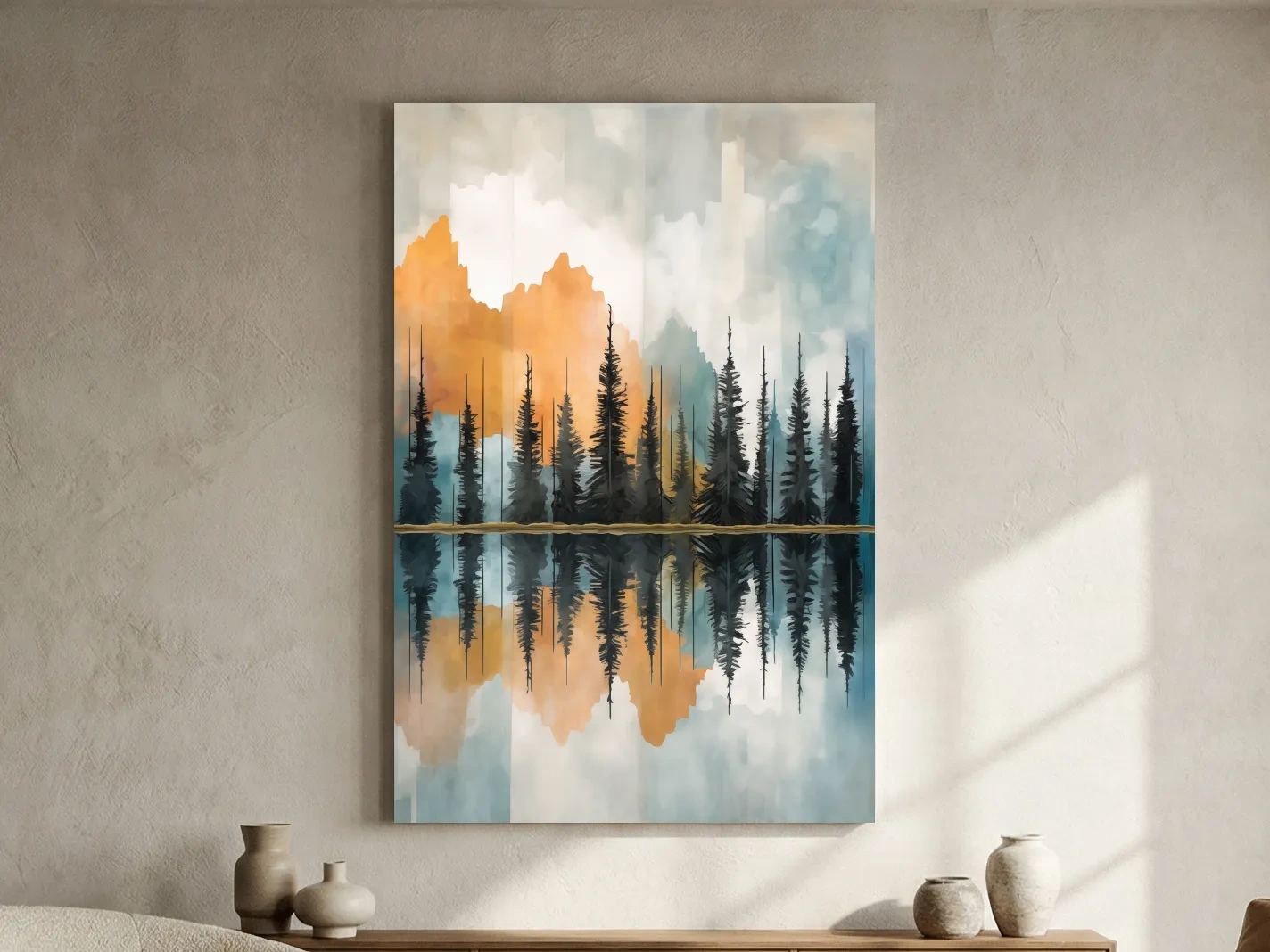 Abstract Watercolor Mountain Lake Reflection - Alpine Forest Landscape Artwork