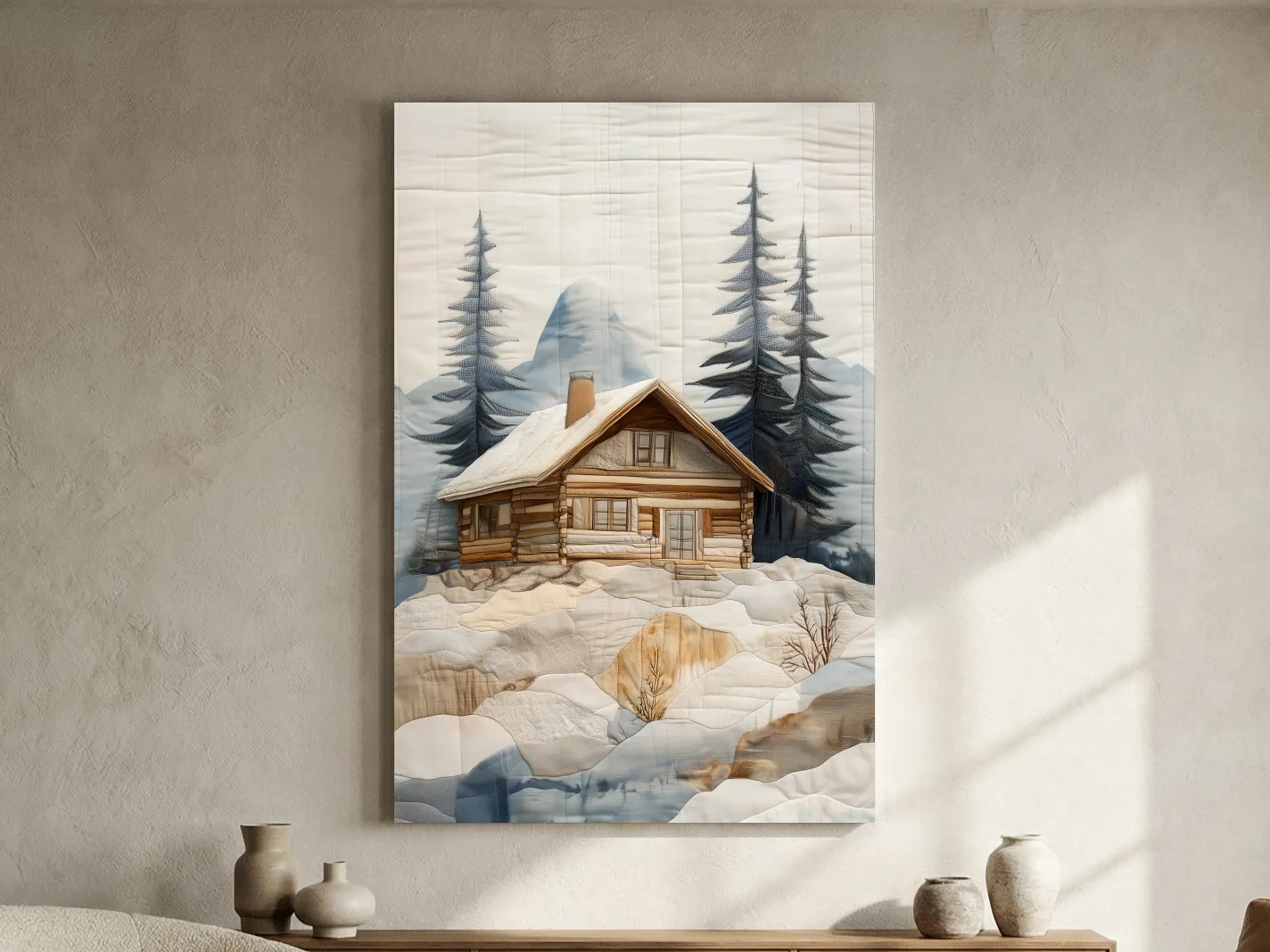 Rustic Winter Cabin In Snowy Pines - Textured Patchwork Fabric Effect Wall Art