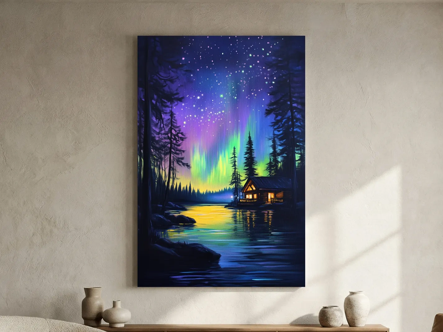 Vibrant Northern Lights Lakeside Cabin Painting - Aurora Borealis Night Landscape Wall Art