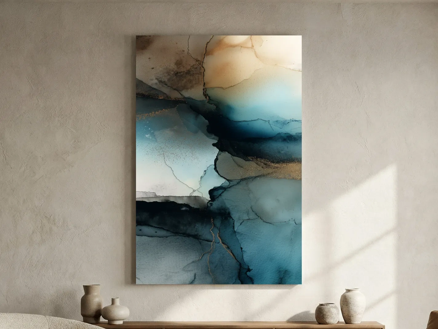 Moody Teal Ink Wash Abstract - Alcohol Ink Style Mountain Wall Art