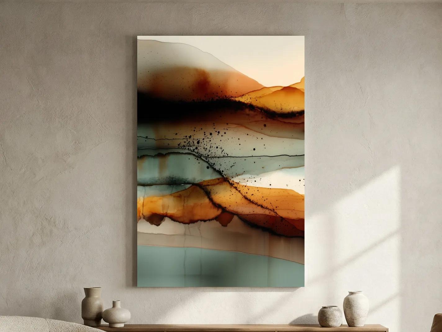 Earth Tone Ink Wash Mountain Landscape - Abstract Modern Wall Art