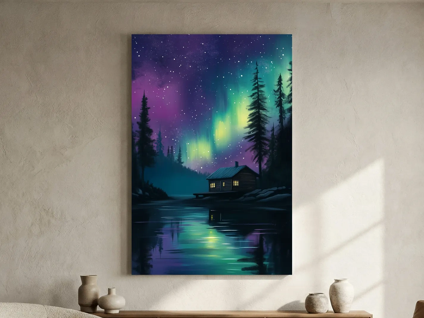 Aurora Borealis Lake Cabin Painting - Northern Lights Wall Art