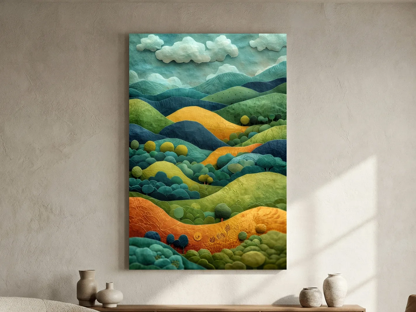 3D Layered Paper Cut Style Mountain Artwork - Whimsical Surreal Landscape Wall Art
