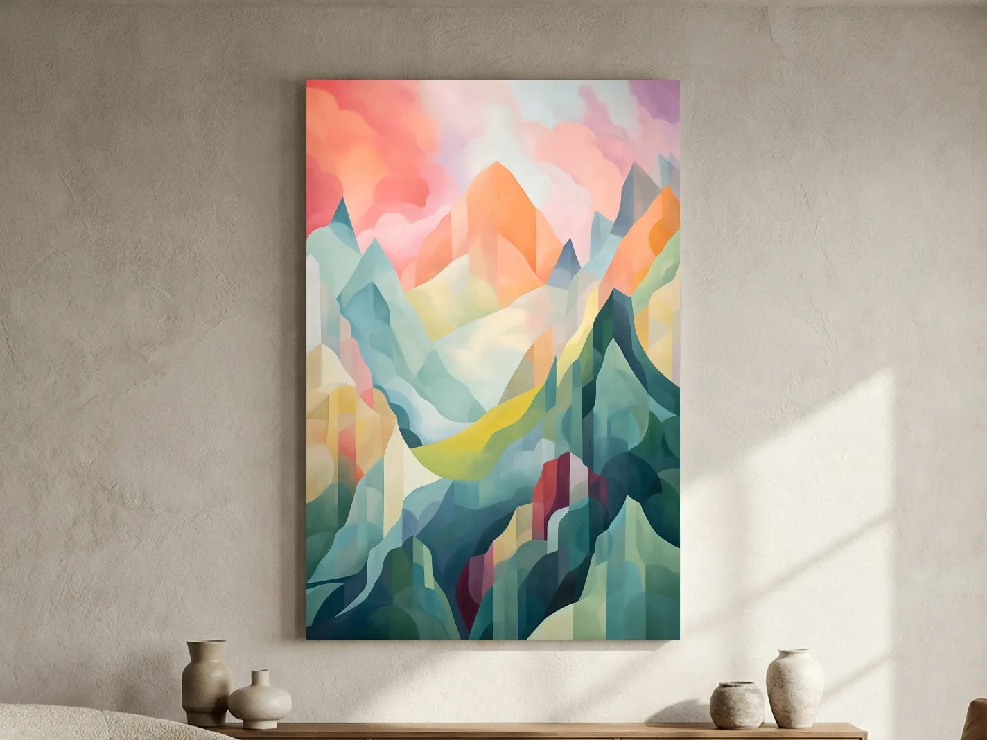 Vibrant Abstract Pastel Mountain Sunset - Geometric Watercolor Style Wall Art