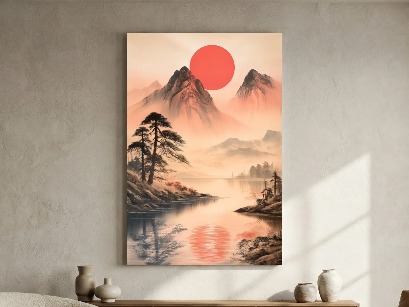 Zen Misty Mountain Lake Sunrise - Japanese Ink Wash Wall Art