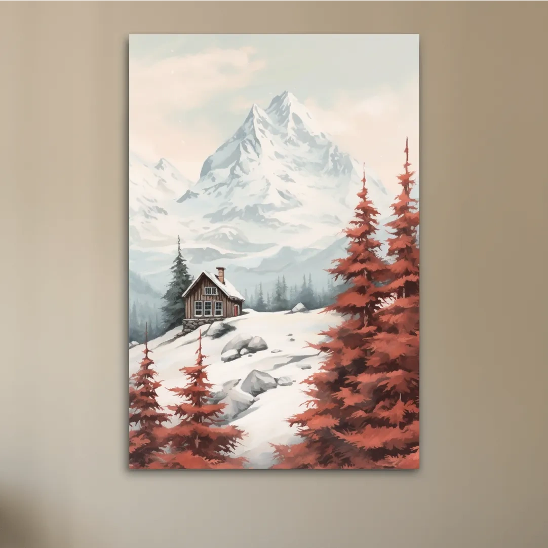 Painting of a snowy alpine scene, red fall leaves, an alpine cabin and glacier