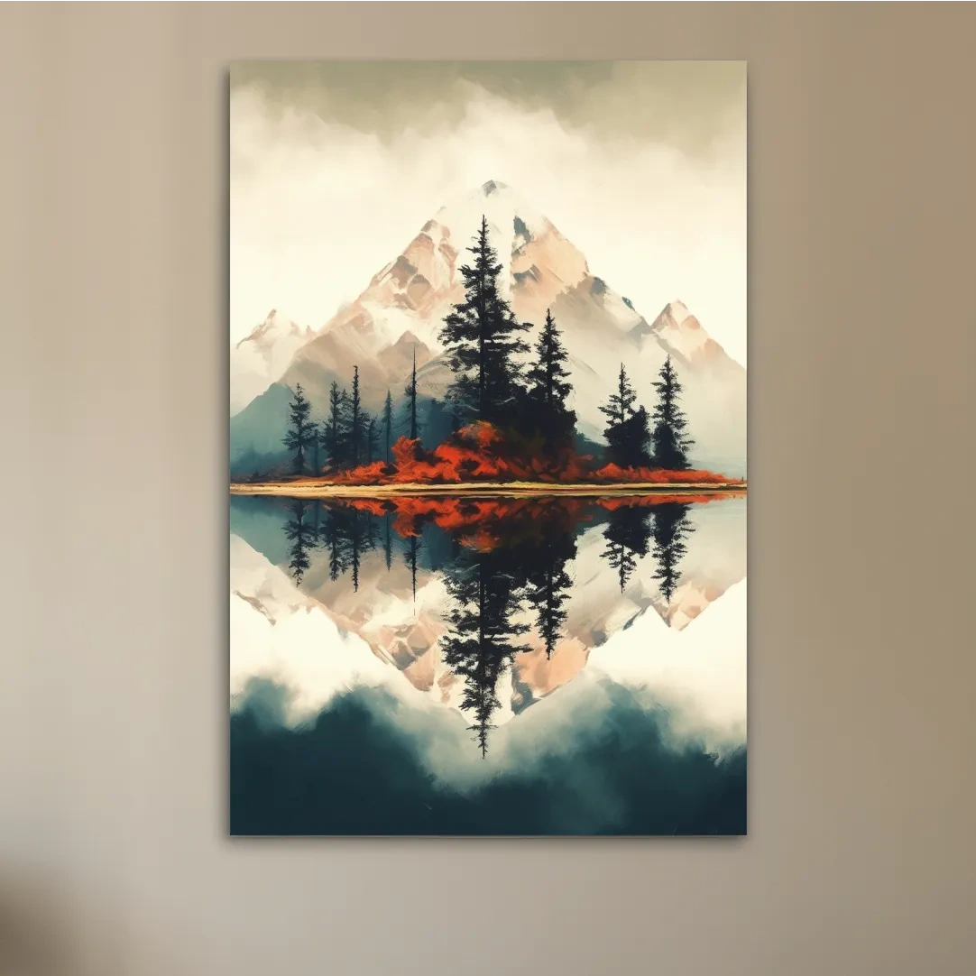Minimal Mountain Lake Reflection With Pine Forest - Watercolor Landscape Wall Art