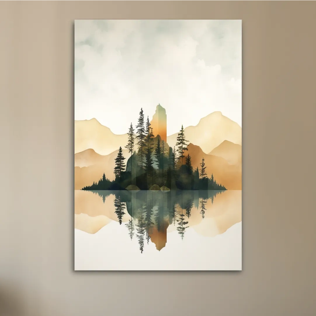 Alpine Mountain Lake Reflection Watercolor - Serene Pine Forest Wall Art