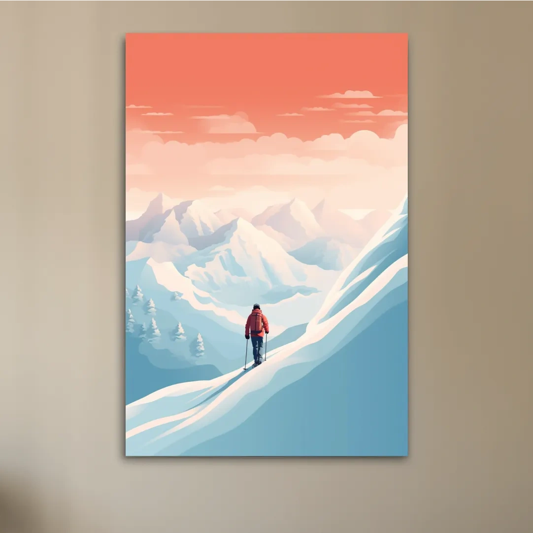 Backcountry skier in the mountains at sunset, minimal vector artwork