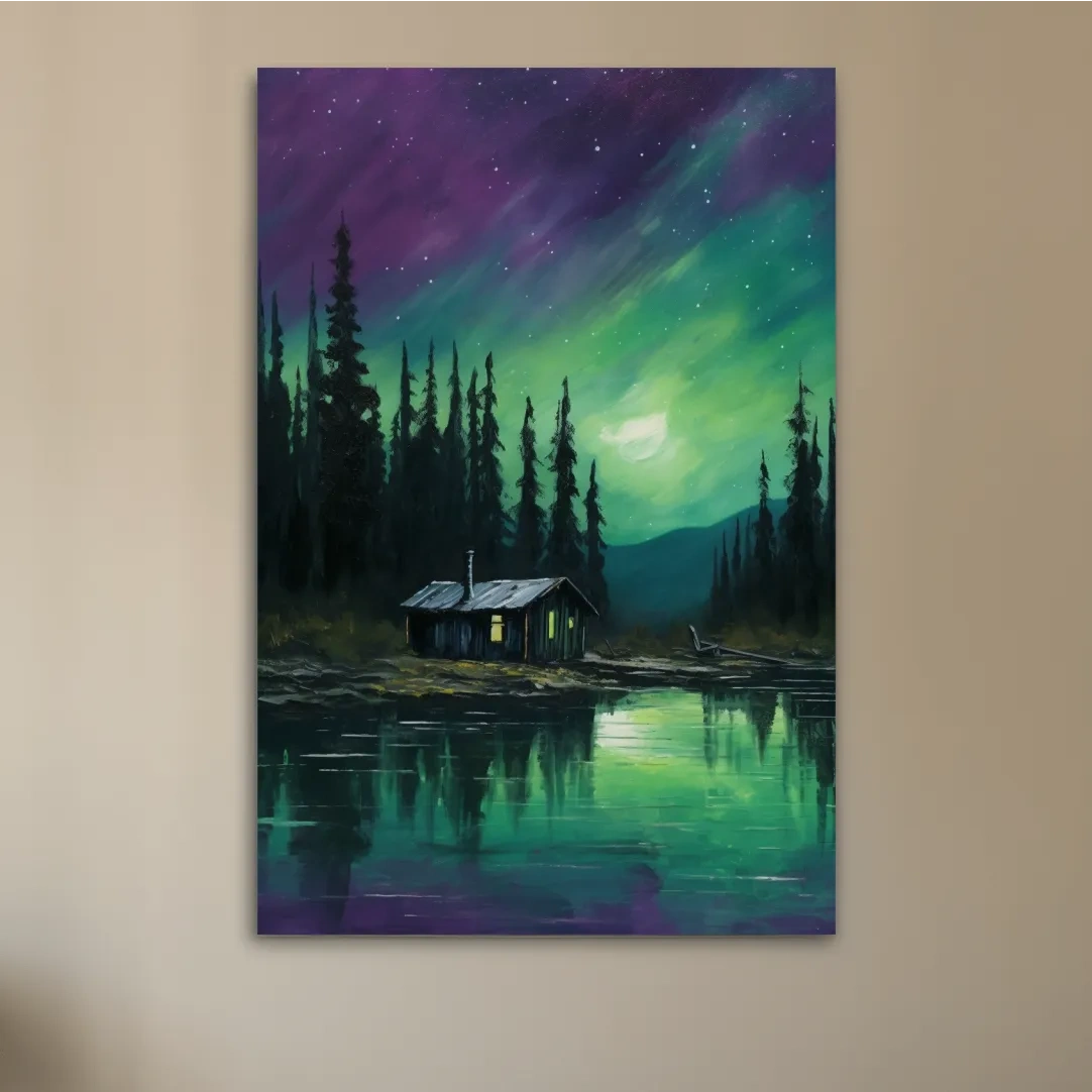 Painting of cabin by a lake under the northern lights night sky