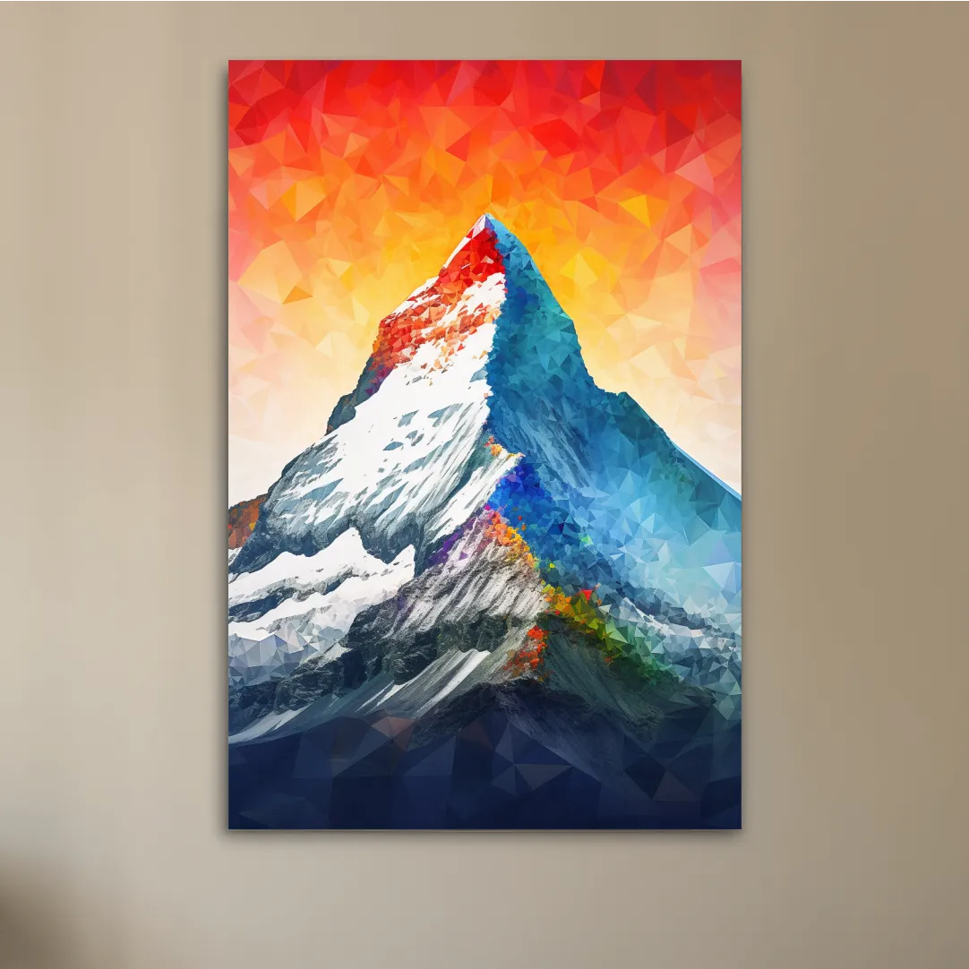 Vibrant abstract mountain painting, sunset over a glacier