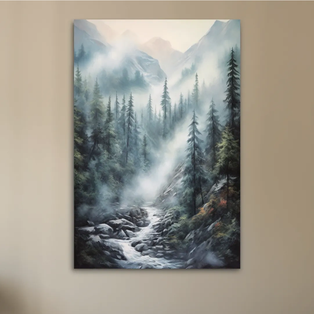 Misty Alpine Pine Forest River Painting - Moody Mountain Landscape Wall Art