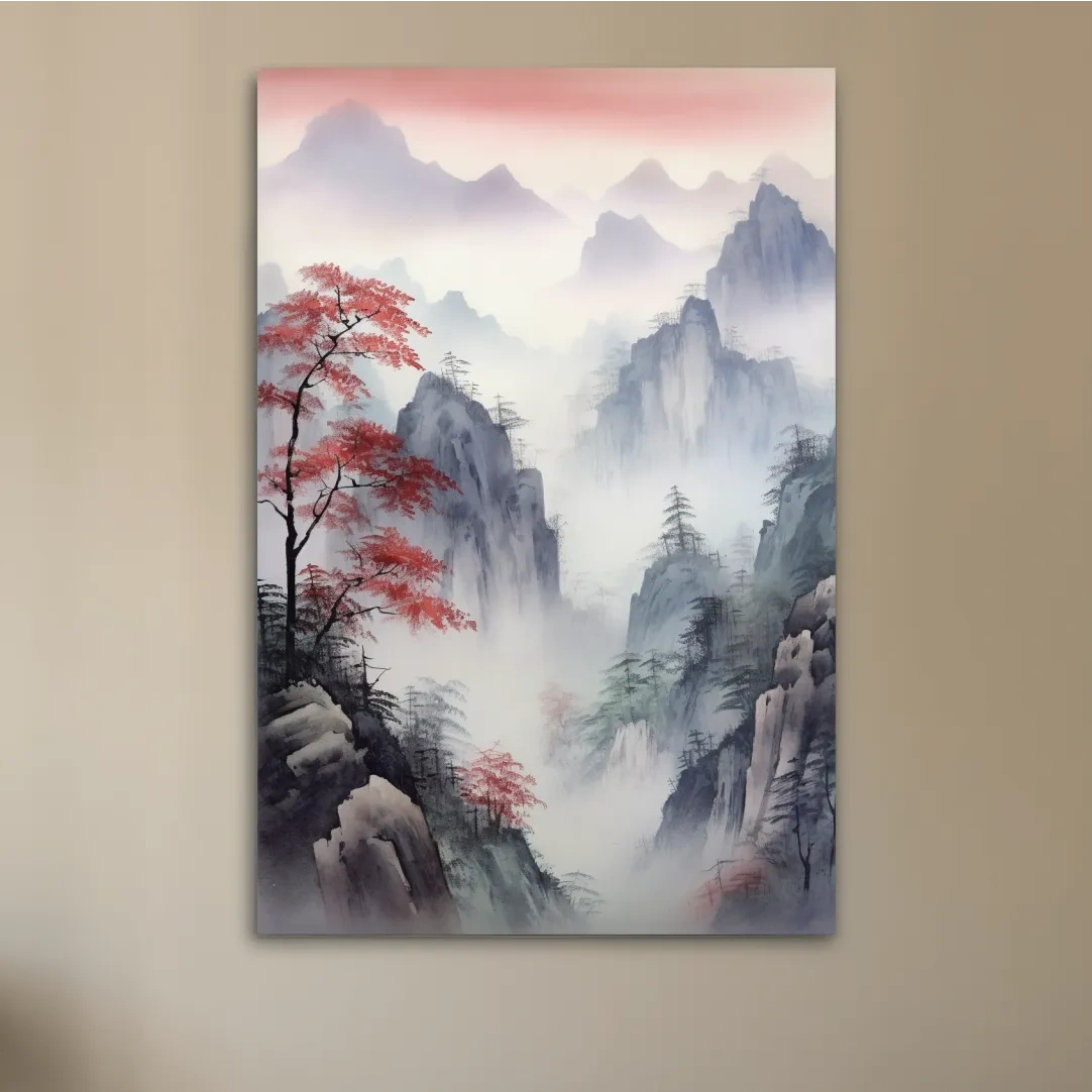 Chinese style ink wash watercolour painting of a foggy mountain scene