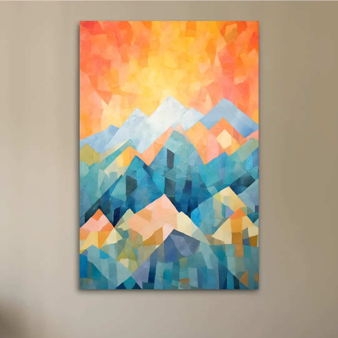 Abstract painting of a mountain scene at sunrise