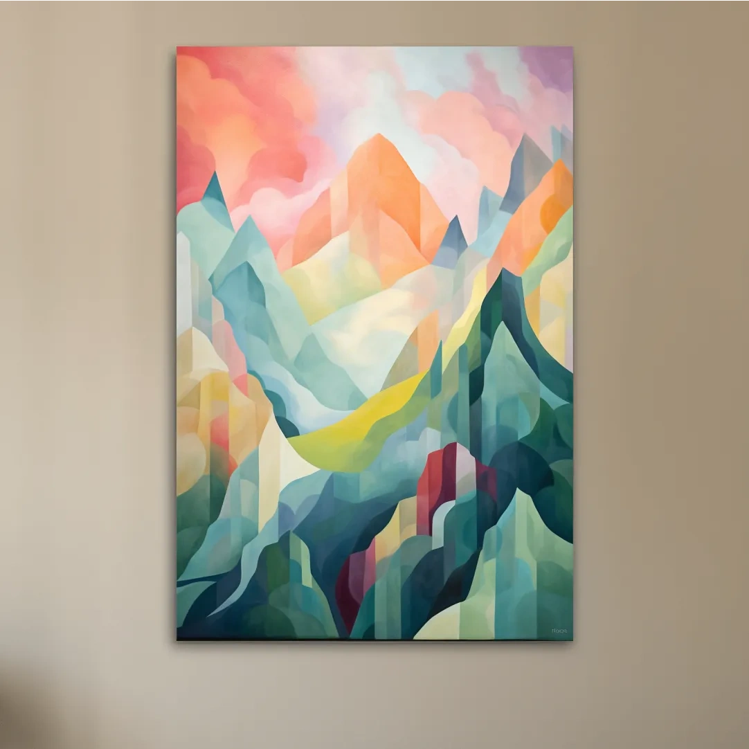 Vibrant Abstract Pastel Mountain Sunset - Geometric Watercolor Style Wall Art