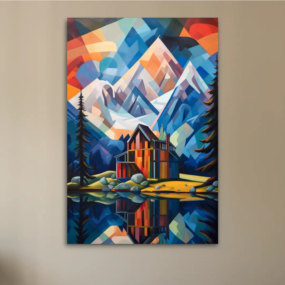 Abstract painting of a cabin by a lake