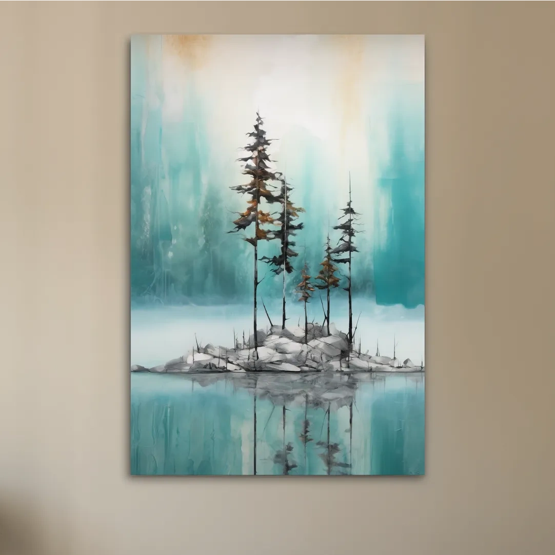 Abstract painting of trees by an alpine lake