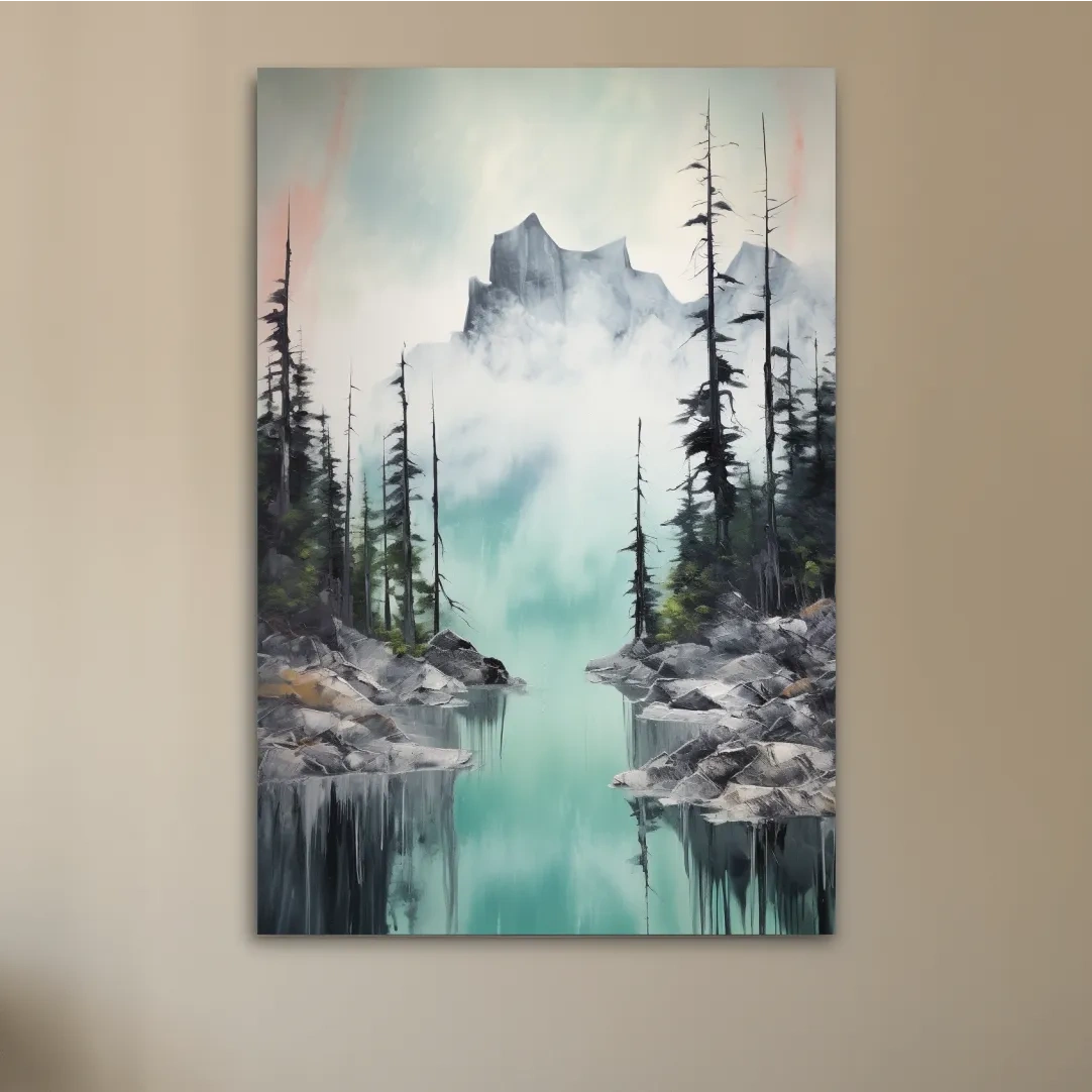 Misty Turquoise Alpine Lake Reflection - Watercolor Mountain Forest Wall Art