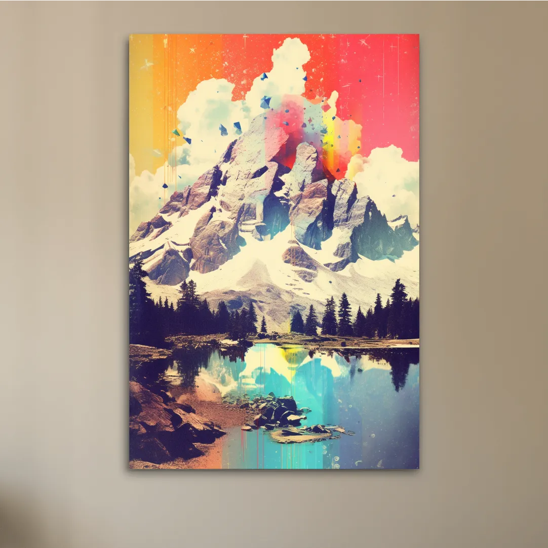 Colourful abstract painting of a mountain and lake