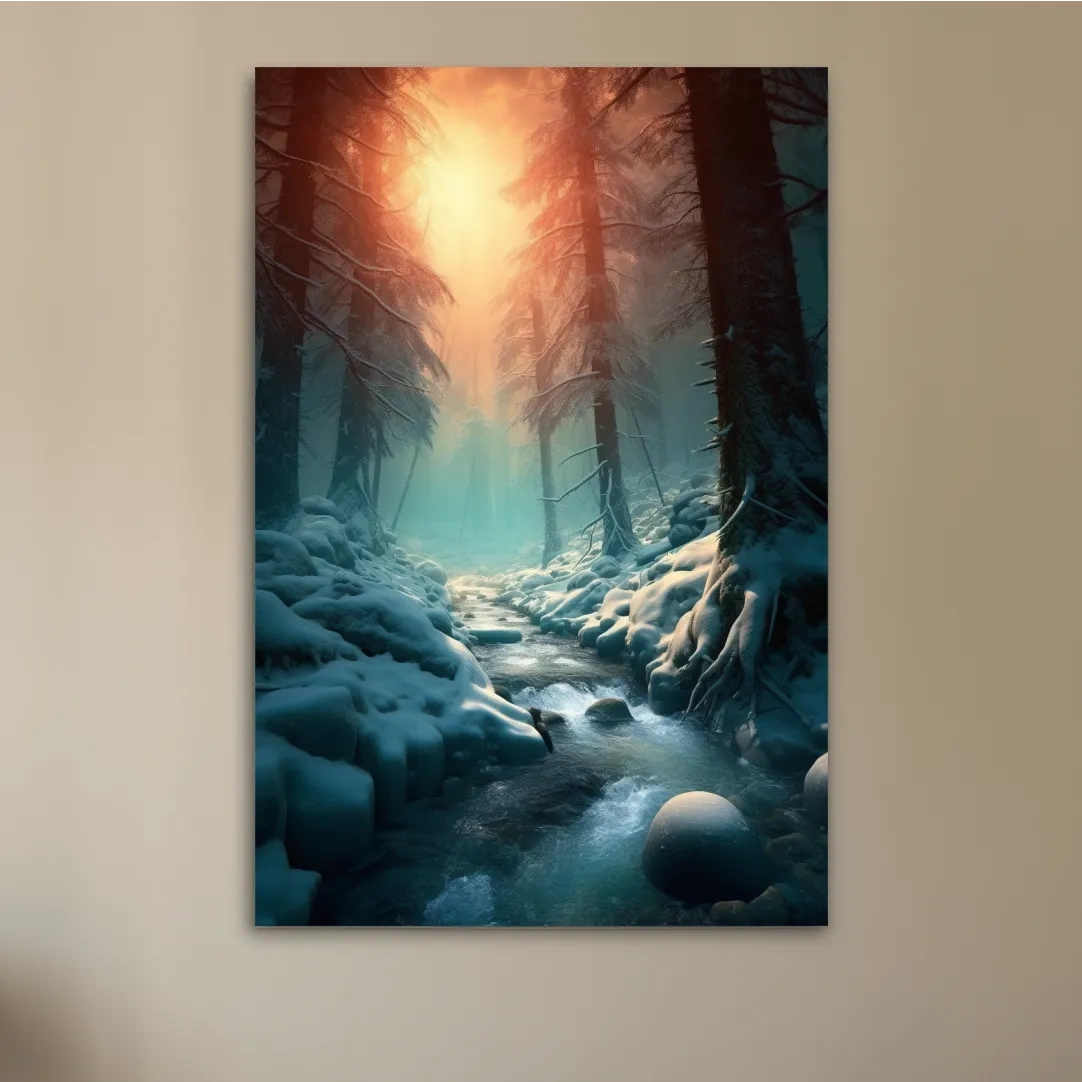 Photographic wall art, a stream running through the snow
