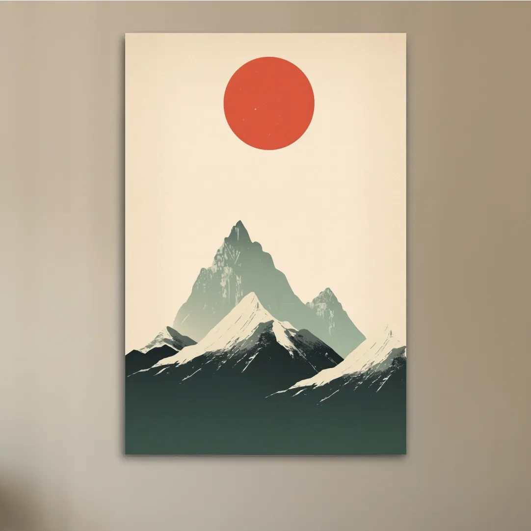 Japandi style minimalistic art of the sun over snow capped mountains
